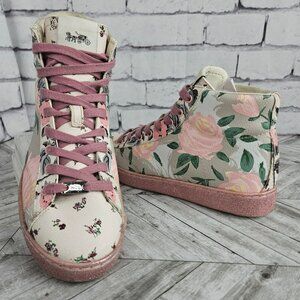 Coach Floral High-Top Sneakers Shoes Womens  8.5 Cottagecore Pink Cream Leather